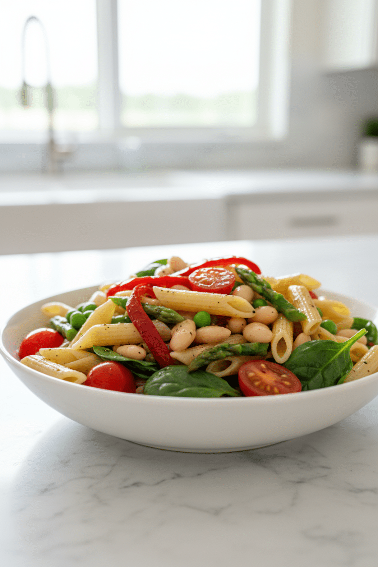 Cannellini Bean Pasta Salad in a bowl on a kitchen counter with a window in the background