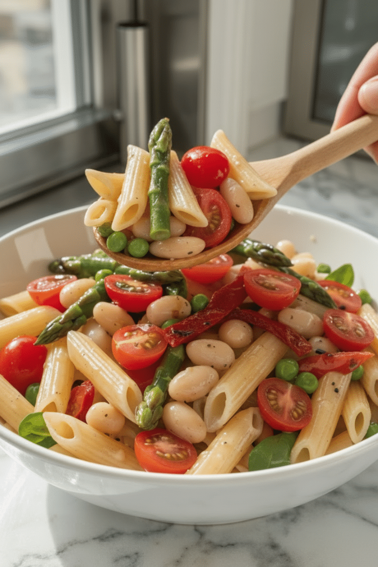 wooden spoon scooping some pasta salad out of white bowl